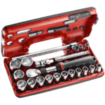 Facom SXL.DBOX1 1/2 metric 6-point extending ratchet set in red case with sockets and tools.