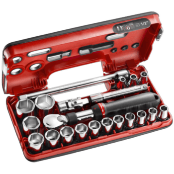 Facom SXL.DBOX1 1/2 metric 6-point extending ratchet set in red case with sockets and tools.