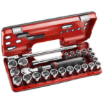 Facom SXL.DBOX2 1/2 extendable ratchet set with sockets and accessories in a red case.
