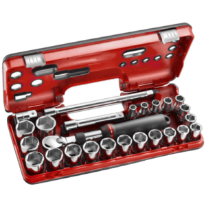 Facom SXL.DBOX2 1/2 extendable ratchet set with sockets and accessories in a red case.