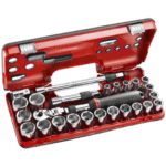 Grand Prix Racewear 1/2 extendable ratchet set in a red case with sockets and tools for automotive repair.