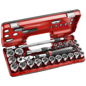 Grand Prix Racewear 1/2 extendable ratchet set in a red case with sockets and tools for automotive repair.