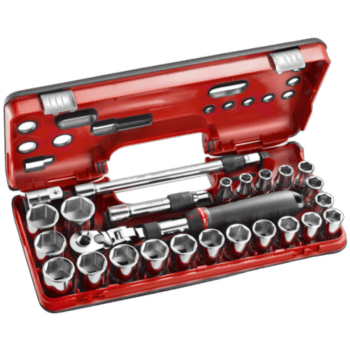 Grand Prix Racewear 1/2 extendable ratchet set in a red case with sockets and tools for automotive repair.