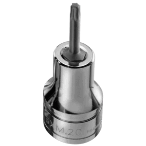 Close-up of a Facom SXM 1/2 drive Torx bit socket with a chrome finish on a black background.