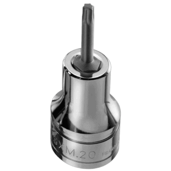 Close-up of a Facom SXM 1/2 drive Torx bit socket with a chrome finish on a black background.