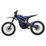 Electric dirt bike with blue and black design, suitable for off-road racing and motocross enthusiasts.