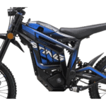 Electric mountain bike with blue and black frame, front suspension, and knobby tires for off-road riding.