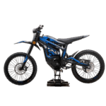 Electric dirt bike with blue and black design, suitable for off-road racing and riding.