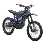 Electric dirt bike with blue and black design, featuring a sturdy frame, knobby tires, and advanced suspension for off-road racing.