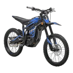 Electric dirt bike with blue and black design, featuring a sturdy frame, knobby tires, and advanced suspension for off-road racing.
