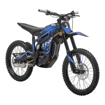 Electric dirt bike with blue and black design, featuring a sturdy frame, knobby tires, and advanced suspension for off-road racing.