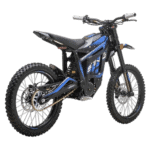 Electric mountain bike with black and blue frame, knobby tires, and front suspension for off-road riding.