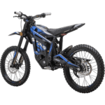 Electric dirt bike from Grand Prix Racewear with black and blue design, off-road tires, and advanced suspension for motocross and trail riding.