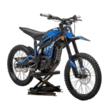 Electric dirt bike with blue and black design, suitable for off-road racing, displayed on a stand.