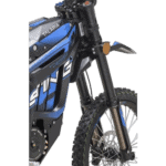 Electric mountain bike with blue and black design, front suspension, and knobby tires for off-road riding.