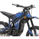 Electric mountain bike with blue and black design, featuring suspension and off-road tires, ideal for mountain biking and outdoor adventures.