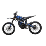 Electric dirt bike with blue and black design, suitable for off-road racing and motocross enthusiasts.