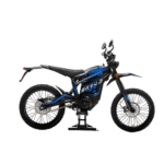 Blue and black electric dirt bike with off-road tires and handlebar grips, suitable for motocross and trail riding.