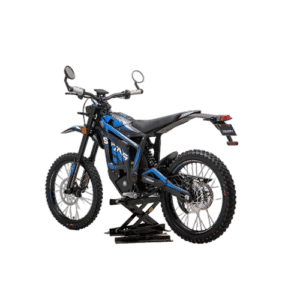 Electric dirt bike with black and blue design, off-road tires, and digital display, suitable for motocross and trail riding.
