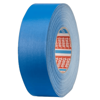 Blue racing tape roll used for motorsport safety and repairs, featuring Tesa branding on the inner core.