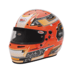 High-performance Bell racing helmet with orange, black, and white graphics, designed for motorsport safety and style.