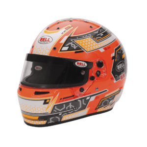 High-performance Bell racing helmet with orange, black, and white graphics, designed for motorsport safety and style.