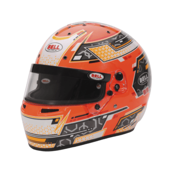 High-performance Bell racing helmet with orange, black, and white graphics, designed for motorsport safety and style.
