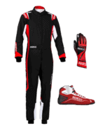Grand Prix Racewear racing suit with gloves and shoes, designed for motorsport safety and performance, featuring black, red, and white colours.