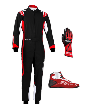 Grand Prix Racewear racing suit with gloves and shoes, designed for motorsport safety and performance, featuring black, red, and white colours.
