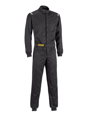 Black Grand Prix Racewear racing suit with yellow Sabre logo, designed for motorsport safety and performance.
