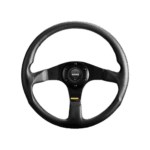 Black racing steering wheel with Momo logo, designed for motorsport and racing simulation enthusiasts.