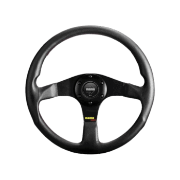 Black racing steering wheel with Momo logo, designed for motorsport and racing simulation enthusiasts.