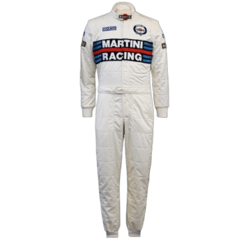 Martini Racing racing suit with sponsor patches, designed for motorsport safety and performance.