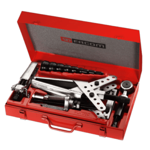 Facom U.103A medium power engineering puller kit in red case with various tools inside.