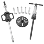 Universal joint pusher and hydraulic hub puller tools for automotive repair, with multiple hooks and a disc for efficient wheel hub removal.