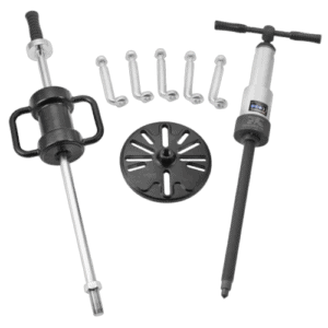 Universal joint pusher and hydraulic hub puller tools for automotive repair, with multiple hooks and a disc for efficient wheel hub removal.