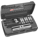 Facom Micro-engineering puller kit U.23J1A in a black plastic case with various precision tools and components.