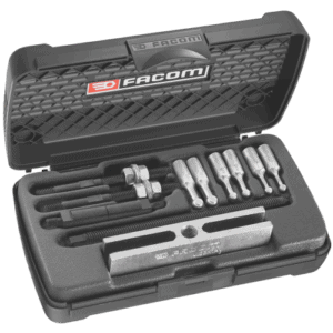 Facom Micro-engineering puller kit U.23J1A in a black plastic case with various precision tools and components.
