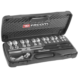 Facom general engineering puller kit U.23J3 in a black plastic case with various tools inside.