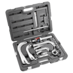 Facom hydraulic puller set with multiple tools and accessories in a black carrying case for outside pulling tasks.