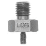 Close-up of a threaded metal tip U.53E4 with precise threading and engraved marking U.53E6, used in high-performance racewear applications.