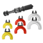Universal spring compressor with interchangeable forks in red, yellow, and white for automotive suspension work.