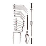 Set of lightweight racing tools including wrenches, a fork, and a torque wrench, designed for high-performance motorsport applications.