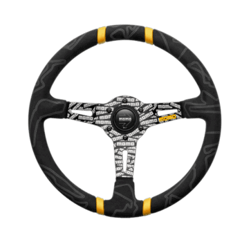 Grand Prix Racewear steering wheel with black and yellow accents, designed for motorsport enthusiasts and professional racers.