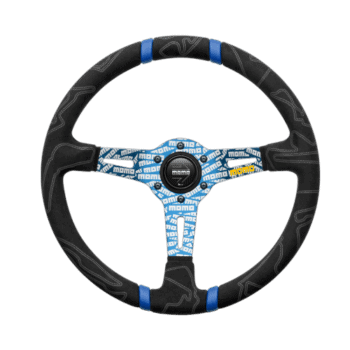 Grand Prix Racewear racing steering wheel with black and blue design, suitable for motorsport enthusiasts and professional drivers.