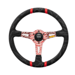 Momo racing steering wheel with black and red accents, designed for high-performance motorsport use.