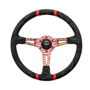 Momo racing steering wheel with black and red accents, designed for high-performance motorsport use.