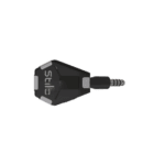 Close-up of a black and grey Stilo racing helmet communication device with a 3.5mm audio jack for motorsport safety and communication.