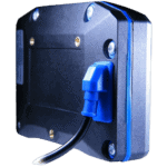 Close-up of an electric vehicle charging station with a blue plug and black casing, suitable for motorsport and racing events.