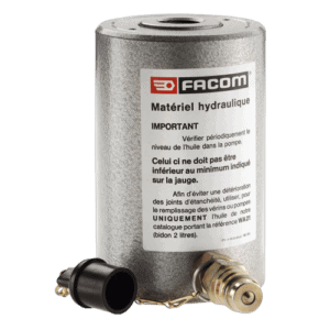 Facom hydraulic cylinder with label indicating hydraulic equipment and maintenance instructions.